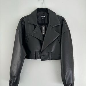 Cropped black leather jacket